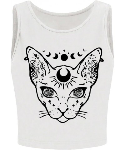 Women's Skull Print Notched Neck Sleeveless Summer Crop Tank Top White Cat Print $12.99 Tanks