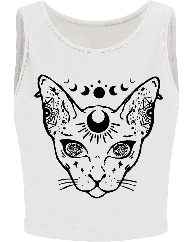 Women's Skull Print Notched Neck Sleeveless Summer Crop Tank Top White Cat Print $12.99 Tanks