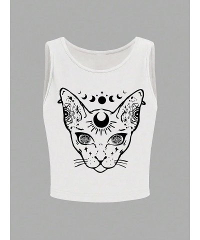 Women's Skull Print Notched Neck Sleeveless Summer Crop Tank Top White Cat Print $12.99 Tanks