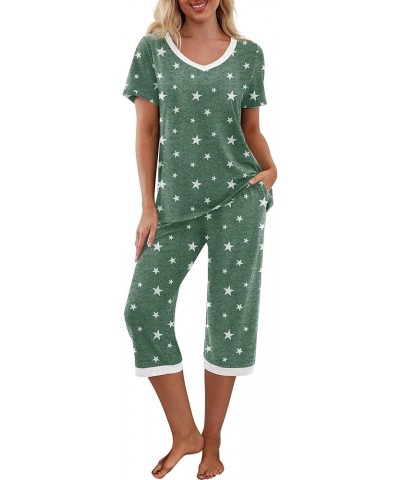 Women's Pajama Set Short Sleeve Shirt and Capri Pants Sleepwear Pjs Sets with Pockets White Star Green $14.00 Sleep & Lounge