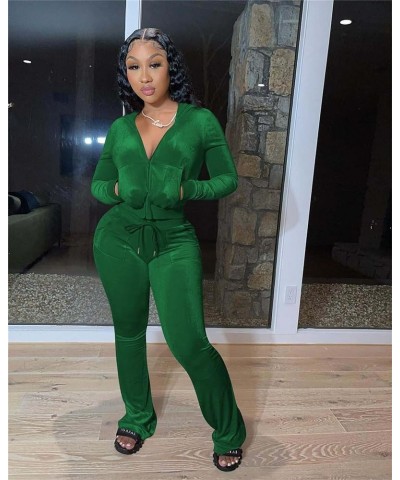 Womens Velvet 2 Piece Outftis Long Sleeve Zipper Hoodied Crop Top Long Pants Tracksuit Jogger Set Sweatsuits Green $8.34 Acti...