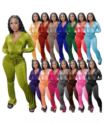 Womens Velvet 2 Piece Outftis Long Sleeve Zipper Hoodied Crop Top Long Pants Tracksuit Jogger Set Sweatsuits Green $8.34 Acti...