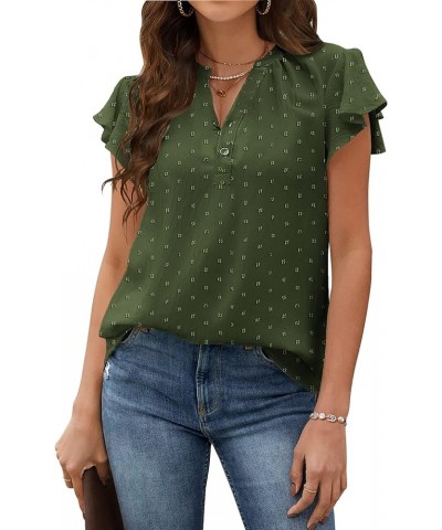 Womens Flowy Tops V Neck Ruffle Short Sleeve Swiss Dot Tops Button Casual Shirts S-XXL Army Green $13.20 Blouses