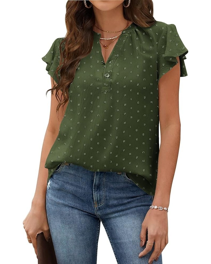 Womens Flowy Tops V Neck Ruffle Short Sleeve Swiss Dot Tops Button Casual Shirts S-XXL Army Green $13.20 Blouses