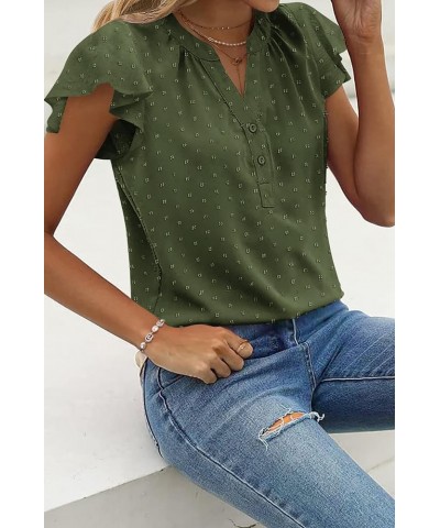 Womens Flowy Tops V Neck Ruffle Short Sleeve Swiss Dot Tops Button Casual Shirts S-XXL Army Green $13.20 Blouses