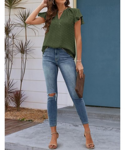 Womens Flowy Tops V Neck Ruffle Short Sleeve Swiss Dot Tops Button Casual Shirts S-XXL Army Green $13.20 Blouses