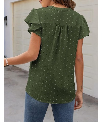 Womens Flowy Tops V Neck Ruffle Short Sleeve Swiss Dot Tops Button Casual Shirts S-XXL Army Green $13.20 Blouses