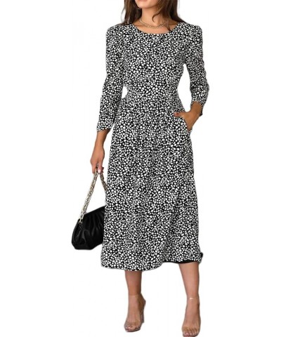 Women's Fall Long Sleeve Crew Neck Casual Polka Dots Midi Dress with Pockets Black $15.22 Dresses