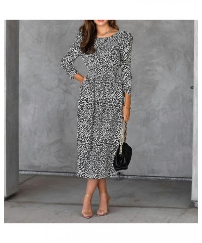 Women's Fall Long Sleeve Crew Neck Casual Polka Dots Midi Dress with Pockets Black $15.22 Dresses