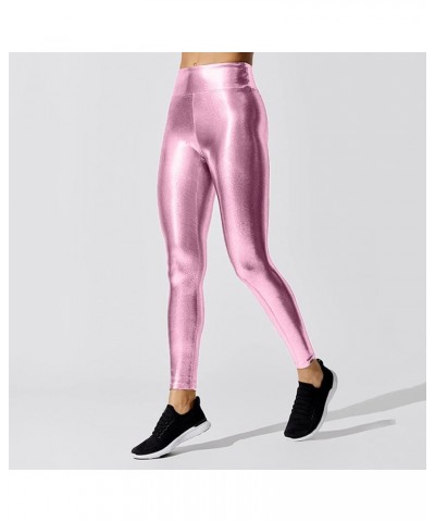 Women's Stretchy Faux Leather Leggings Pants, Sexy Red High Waisted Tights Solid Color PU Elastic Shaping Yoga Pants Pink $8....