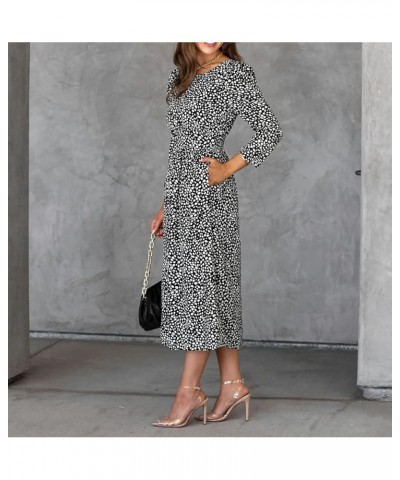 Women's Fall Long Sleeve Crew Neck Casual Polka Dots Midi Dress with Pockets Black $15.22 Dresses