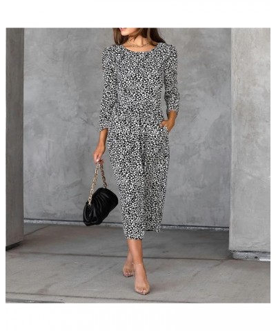 Women's Fall Long Sleeve Crew Neck Casual Polka Dots Midi Dress with Pockets Black $15.22 Dresses