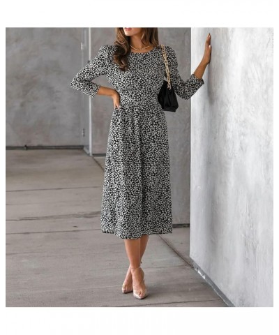 Women's Fall Long Sleeve Crew Neck Casual Polka Dots Midi Dress with Pockets Black $15.22 Dresses