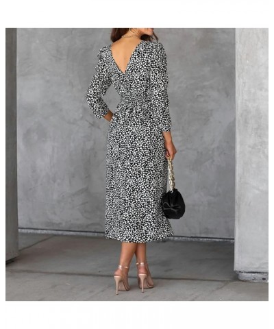 Women's Fall Long Sleeve Crew Neck Casual Polka Dots Midi Dress with Pockets Black $15.22 Dresses