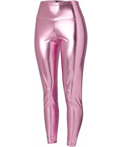 Women's Stretchy Faux Leather Leggings Pants, Sexy Red High Waisted Tights Solid Color PU Elastic Shaping Yoga Pants Pink $8....