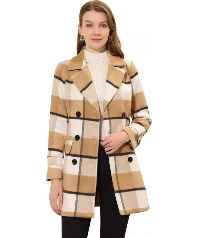 Women's Buffalo Checks Double Breasted Notched Lapel Winter Long Plaid Trench Coat Khaki $43.50 Coats