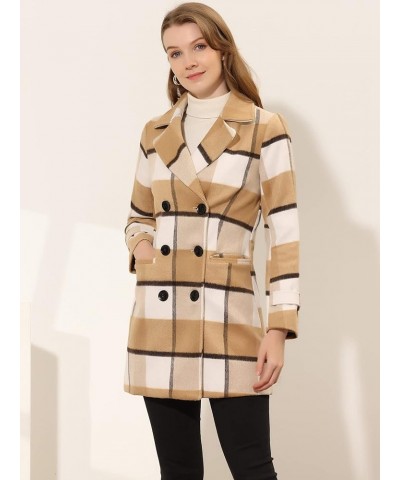 Women's Buffalo Checks Double Breasted Notched Lapel Winter Long Plaid Trench Coat Khaki $43.50 Coats