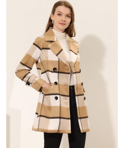 Women's Buffalo Checks Double Breasted Notched Lapel Winter Long Plaid Trench Coat Khaki $43.50 Coats