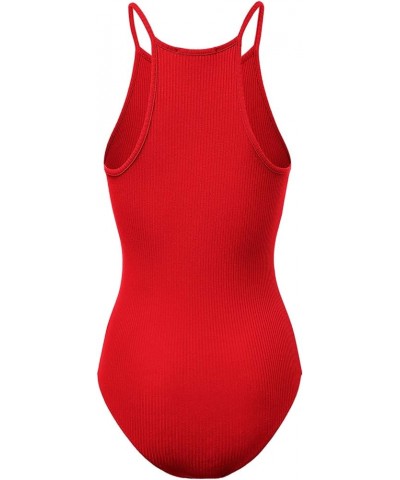 Women's Scoop V-Neck Racerback Sleeveless Tank Top Ribbed Cotton Halter Bodysuit 408-poppy-1 $8.63 Lingerie