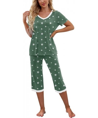 Women's Pajama Set Short Sleeve Shirt and Capri Pants Sleepwear Pjs Sets with Pockets White Star Green $14.00 Sleep & Lounge