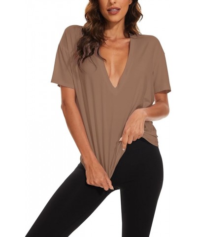 Women's Casual Loose Deep V-Neck Short Sleeve Tee Basic Relaxed Plunge Neck Solid Drop Shoulder T-Shirt Tops Brown $10.50 T-S...