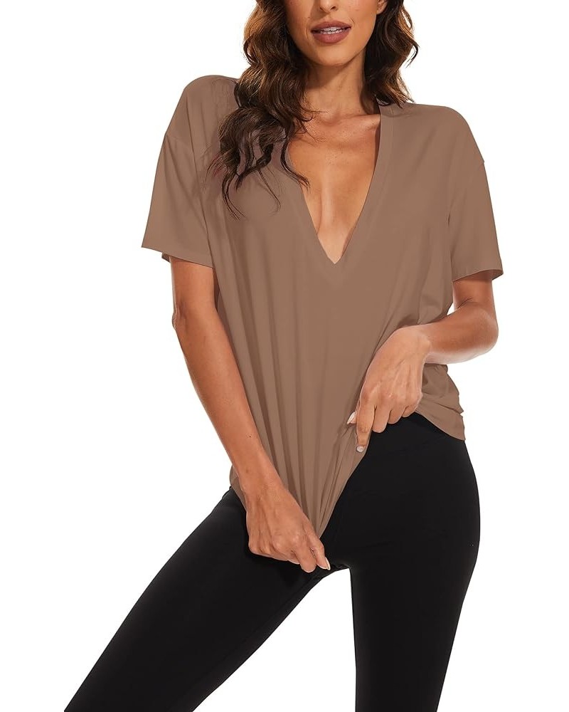 Women's Casual Loose Deep V-Neck Short Sleeve Tee Basic Relaxed Plunge Neck Solid Drop Shoulder T-Shirt Tops Brown $10.50 T-S...