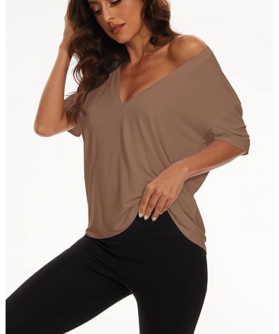 Women's Casual Loose Deep V-Neck Short Sleeve Tee Basic Relaxed Plunge Neck Solid Drop Shoulder T-Shirt Tops Brown $10.50 T-S...