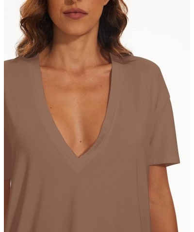 Women's Casual Loose Deep V-Neck Short Sleeve Tee Basic Relaxed Plunge Neck Solid Drop Shoulder T-Shirt Tops Brown $10.50 T-S...