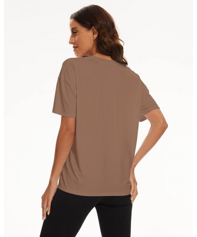 Women's Casual Loose Deep V-Neck Short Sleeve Tee Basic Relaxed Plunge Neck Solid Drop Shoulder T-Shirt Tops Brown $10.50 T-S...