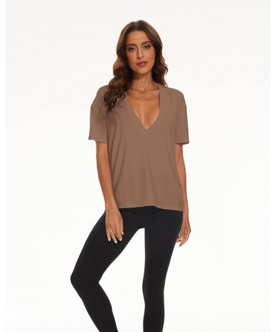 Women's Casual Loose Deep V-Neck Short Sleeve Tee Basic Relaxed Plunge Neck Solid Drop Shoulder T-Shirt Tops Brown $10.50 T-S...