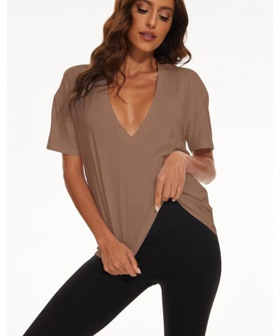 Women's Casual Loose Deep V-Neck Short Sleeve Tee Basic Relaxed Plunge Neck Solid Drop Shoulder T-Shirt Tops Brown $10.50 T-S...