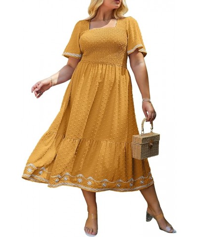 Women's Plus Size Summer Casual Short Sleeve Smocked Square Neck A Line Flowy Midi Dress Long Dress Plus Yellow $26.99 Dresses