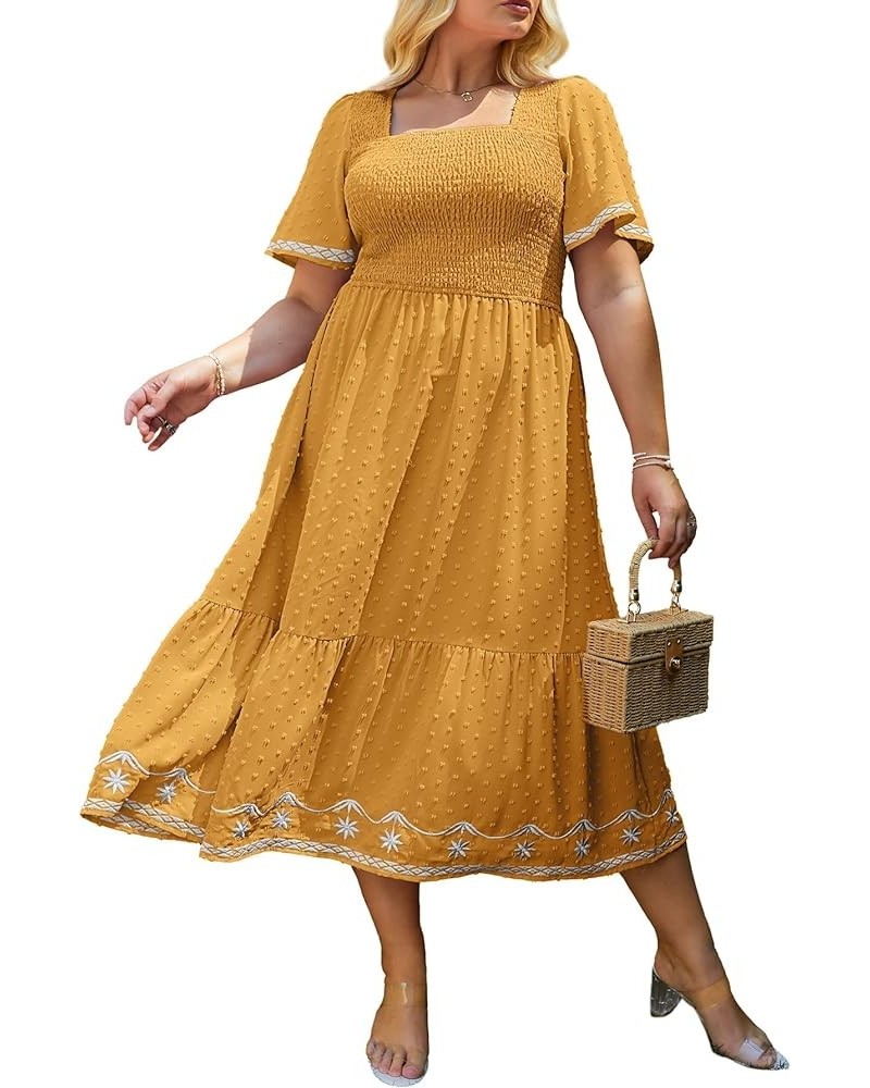 Women's Plus Size Summer Casual Short Sleeve Smocked Square Neck A Line Flowy Midi Dress Long Dress Plus Yellow $26.99 Dresses