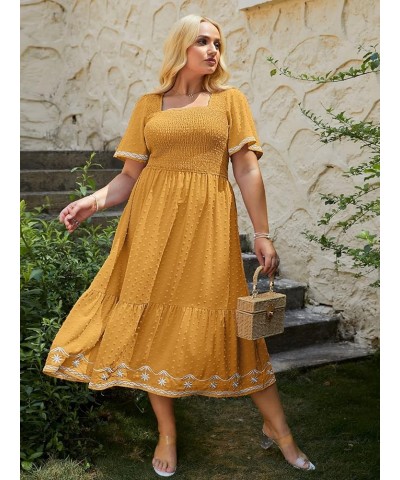 Women's Plus Size Summer Casual Short Sleeve Smocked Square Neck A Line Flowy Midi Dress Long Dress Plus Yellow $26.99 Dresses