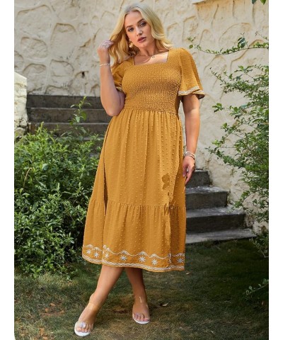 Women's Plus Size Summer Casual Short Sleeve Smocked Square Neck A Line Flowy Midi Dress Long Dress Plus Yellow $26.99 Dresses