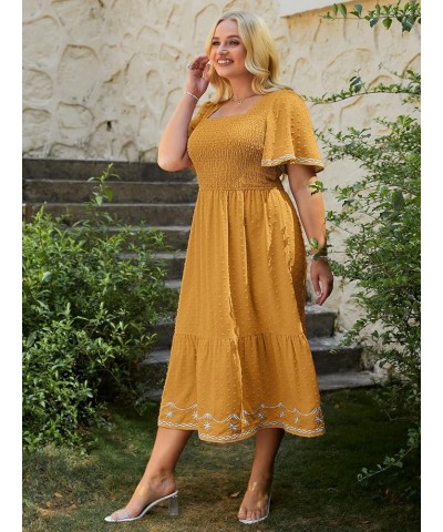 Women's Plus Size Summer Casual Short Sleeve Smocked Square Neck A Line Flowy Midi Dress Long Dress Plus Yellow $26.99 Dresses