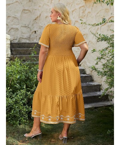 Women's Plus Size Summer Casual Short Sleeve Smocked Square Neck A Line Flowy Midi Dress Long Dress Plus Yellow $26.99 Dresses