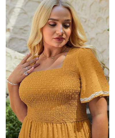 Women's Plus Size Summer Casual Short Sleeve Smocked Square Neck A Line Flowy Midi Dress Long Dress Plus Yellow $26.99 Dresses