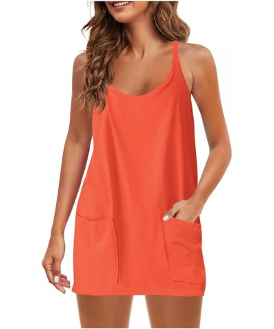 Short Summer Dress for Women Strappy Athletic Romper Hot Shot Mini Dress Workout Onesie Outfits with Pockes 2023 J033-orange ...