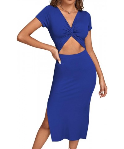 Women's Twist Front Cut Out Split Hem V Neck Short Sleeve Knit Bodycon Midi Dress Royal Blue $16.00 Dresses