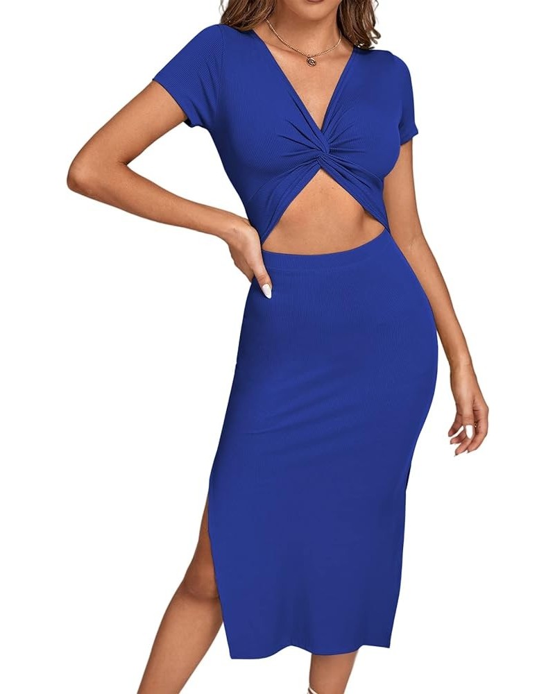 Women's Twist Front Cut Out Split Hem V Neck Short Sleeve Knit Bodycon Midi Dress Royal Blue $16.00 Dresses