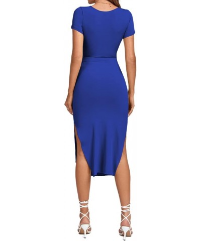 Women's Twist Front Cut Out Split Hem V Neck Short Sleeve Knit Bodycon Midi Dress Royal Blue $16.00 Dresses