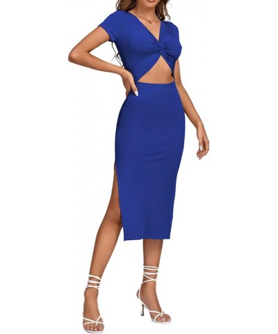 Women's Twist Front Cut Out Split Hem V Neck Short Sleeve Knit Bodycon Midi Dress Royal Blue $16.00 Dresses