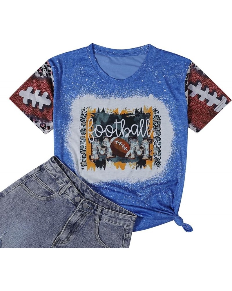 Football Mom Shirt Women Funny Football Print T Shirts Bleached Short Sleeve Mom Life Game Day Tee Tops Blue $8.09 T-Shirts