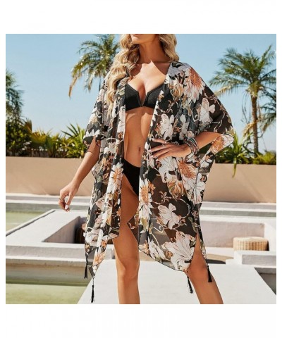 Cover Up for Swimwear Women Swimsuit Bikini Chiffon Kimono Cardigan with Tassel Flower Print Casual Tops Black $10.19 Swimsuits