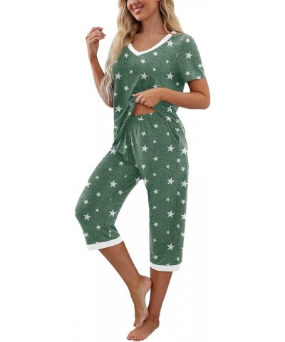 Women's Pajama Set Short Sleeve Shirt and Capri Pants Sleepwear Pjs Sets with Pockets White Star Green $14.00 Sleep & Lounge