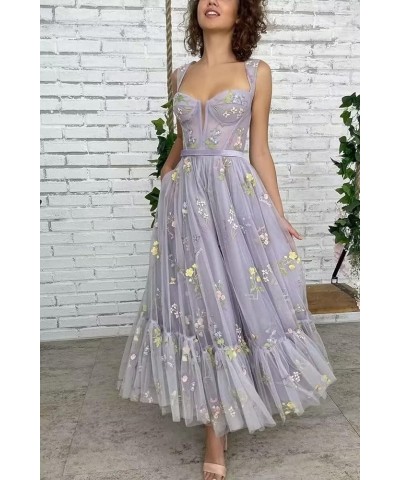 Puffy Sleeve Prom Dresses Flower Embroidery Tulle Backless A-line Lace Formal Evening Party Gown for Women 01-tea Length-pink...