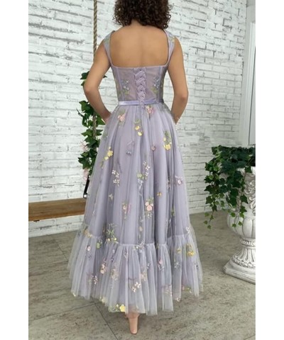 Puffy Sleeve Prom Dresses Flower Embroidery Tulle Backless A-line Lace Formal Evening Party Gown for Women 01-tea Length-pink...