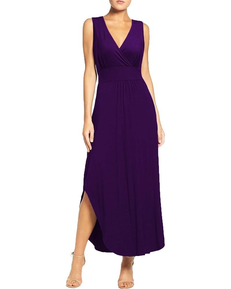 Women Sleeveless Deep V Neck Pocket Loose Long Dress Split Maxi Casual Dresses Purple $15.74 Dresses