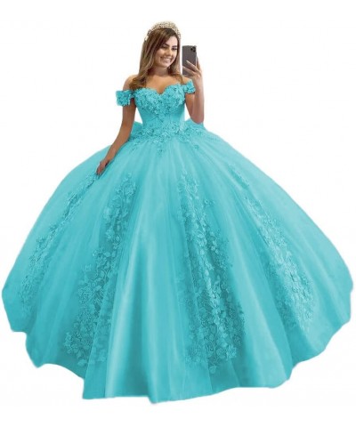 Women's Off Shoulder Quinceanera Dresses 3D Flower Puffy Ball Gown Lace Beaded Prom Dresses for Sweet 15 16 XY069 Aqua Blue $...